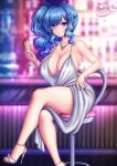  1girl artist_logo azur_lane bangs bare_arms bare_legs bare_shoulders blue_hair blue_nails bracelet breasts champagne_flute cleavage crossed_legs cup dress drinking_glass evening_gown hair_ornament hairclip high_heels highres holding holding_cup indoors jewelry large_breasts looking_at_viewer nail_polish necklace official_alternate_costume pink_eyes plunging_neckline revealing_clothes sevie side_ponytail sidelocks silver_dress silver_footwear sitting solo st._louis_(azur_lane) st._louis_(luxurious_wheels)_(azur_lane) 