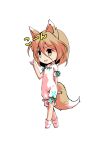  1girl animal_ears bangs black_eyes blonde_hair bow breasts brown_eyes chibi dairi eyebrows_visible_through_hair fox_ears fox_tail full_body green_bow hair_between_eyes hand_up hiragana kudamaki_tsukasa looking_to_the_side open_mouth romper short_hair short_sleeves simple_background small_breasts smile socks solo standing tachi-e tail test_tube touhou transparent_background white_legwear white_sleeves 