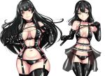  2girls bdsm black_hair blush bondage bound breasts breasts_apart closed_mouth commentary_request covered_nipples dominatrix elbow_gloves eyebrows_visible_through_hair gloves green_eyes hair_ornament hairclip highres isokaze_(kancolle) kantai_collection ken_(shutenndouji1) large_breasts latex latex_bra latex_choker latex_gloves latex_legwear latex_panties long_hair medium_breasts multiple_girls navel oyashio_(kancolle) panties partial_commentary red_eyes simple_background smile thighhighs underwear whip white_background 