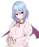  1girl bangs bat_wings blue_hair blush breasts closed_mouth commentary dated_commentary dress eyebrows_visible_through_hair frilled_shirt_collar frills hair_between_eyes highres juliet_sleeves junior27016 long_sleeves looking_to_the_side medium_breasts no_hat no_headwear pink_dress pointy_ears puffy_sleeves red_eyes red_neckwear red_ribbon remilia_scarlet ribbon short_hair simple_background sketch smile solo touhou upper_body white_background wings 
