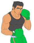  1boy bara bare_shoulders black_hair black_tank_top boxing_gloves commentary_request covered_abs dark-skinned_male dark_skin frown green_eyes green_shorts large_pectorals little_mac long_sideburns looking_at_viewer male_focus muscular muscular_male pectoral_cleavage pectorals porkjinta punch-out!! shirt short_hair shorts sideburns sidepec solo tank_top tight tight_shirt 