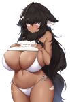  1girl animal_ear_fluff animal_ears bikini black_hair blush bone_hair_ornament breasts closed_mouth commentary_request commission curvy dark-skinned_female dark_skin dog_ears dog_girl english_text eyebrows eyebrows_visible_through_hair facial_mark fluffy hair_ornament hands_on_own_chest hands_up highres holding holding_sign huge_breasts legs_together long_hair looking_at_viewer mismatched_eyebrows navel original side-tie_bikini sign skeb_commission standing suruga_(xsurugax) swimsuit thick_thighs thighs white_eyes wide_hips 