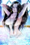  1girl arms_behind_head arms_up black_hair blue_eyes boa_hancock breasts collarbone covered_nipples earrings hair_over_breasts highres jewelry large_breasts lips long_hair looking_to_the_side nude one_piece oregano551 parted_lips partially_submerged snake_earrings solo stomach twitter_username very_long_hair water watermark 