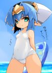  1girl blue_eyes blue_hair breasts cameltoe covered_navel hat headpiece hellmatio innertube karukan_(monjya) looking_at_viewer open_mouth pointy_ears school_swimsuit shinrabanshou small_breasts solo swimsuit thick_eyebrows water white_swimsuit 