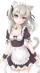  1girl :o alternate_costume animal_ear_fluff animal_ears apron bangs black_bow black_dress bow breasts brown_eyes cat_ears cat_girl cat_tail commentary_request dress enmaided eyebrows_visible_through_hair flipper frilled_apron frilled_dress frills girls_und_panzer grey_hair hair_between_eyes hair_bow highres kemonomimi_mode long_hair looking_at_viewer maid maid_headdress parted_lips pleated_dress puffy_short_sleeves puffy_sleeves shimada_arisu short_sleeves simple_background small_breasts solo tail thighhighs two_side_up white_apron white_background white_legwear wrist_cuffs 