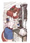  1girl animal_ears bag bangs blouse blue_skirt blush brown_hair coffee_maker_(object) commentary_request cowboy_shot cropped_legs cup disposable_cup grey_eyes highres holding holding_cup horse_ears horse_girl horse_tail looking_at_viewer medium_hair multicolored_hair nice_nature_(umamusume) open_mouth plastic_bag red_shirt satomura_kyou shirt short_twintails skirt solo streaked_hair tail trash_can twintails umamusume white_blouse 
