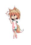  1girl animal_ears bangs black_eyes blonde_hair bow breasts brown_eyes chibi dairi eyebrows_visible_through_hair fox_ears fox_tail full_body green_bow hair_between_eyes hand_up kudamaki_tsukasa looking_to_the_side open_mouth romper short_hair short_sleeves simple_background small_breasts socks solo standing tachi-e tail test_tube touhou transparent_background white_legwear white_sleeves 