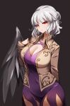  1girl bangs breasts brown_jacket closed_mouth collar collarbone collared_jacket dress eyebrows_visible_through_hair grey_background hair_between_eyes hand_up highres jacket kishin_sagume large_breasts long_sleeves looking_at_viewer open_clothes open_jacket purple_dress raptor7 red_eyes short_hair silver_hair simple_background single_wing solo standing touhou wings 