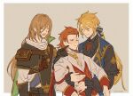  3boys :d :t aglovale_(granblue_fantasy) bangs black_shirt blonde_hair blush brothers brown_hair cheek_poking closed_eyes earrings frilled_shirt frills granblue_fantasy grey_background hair_ribbon jewelry lamorak_(granblue_fantasy) long_bangs long_hair long_sleeves male_focus medium_hair multiple_boys necktie open_mouth ornament percival_(granblue_fantasy) poking pout red_hair ribbon shirt siblings single_earring smile sweatdrop symbol-only_commentary tied_hair tomo_(tomorag7) vial white_shirt wing_collar 