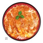 artist_logo food food_focus katsudon_(food) leaf momiji_mao original plate rice sauce sparkle still_life white_background 