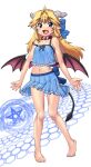  1girl barefoot blonde_hair blue_eyes camisole collar commentary_request demon_girl demon_horns demon_tail fang full_body hase_yu horns long_hair low_wings midriff miniskirt navel open_mouth original pleated_skirt pointy_ears sidelocks skirt smile solo tail wings 