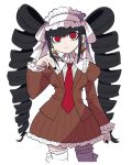  1girl alternate_costume bangs black_hair black_nails bonnet breasts brown_jacket brown_skirt celestia_ludenberg claw_ring commentary_request cowboy_shot danganronpa:_trigger_happy_havoc danganronpa_(series) drill_hair earrings frilled_skirt frills furukawa_(yomawari) gothic_lolita hand_up highres jacket jewelry juliet_sleeves large_breasts lolita_fashion long_hair long_sleeves looking_at_viewer nail_polish necktie pleated_skirt puffy_sleeves red_eyes red_necktie simple_background skirt smile solo thighhighs twin_drills twintails white_background white_legwear zettai_ryouiki 