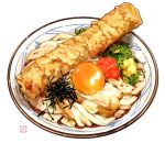  artist_logo chikuwa egg egg_yolk food food_focus momiji_mao no_humans nori_(seaweed) original plate spring_onion still_life tempura udon white_background 