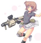  1girl bandaid bandaid_on_knee belt black_gloves breasts brown_hair commentary_request gloves grenade_launcher grey_eyes hair_bobbles hair_ornament hase_yu knee_pads miniskirt one_side_up original pleated_skirt polo_shirt pouch single_knee_pad skirt small_breasts solo trigger_discipline weapon 