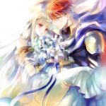  1boy 1girl armor bangs blue_eyes blunt_bangs bouquet carrying circlet closed_mouth dress eliwood_(fire_emblem) eye_contact eyebrows_visible_through_hair fire_emblem fire_emblem:_the_blazing_blade flower holding holding_bouquet kuzumosu layered_dress long_dress long_hair looking_at_another ninian_(fire_emblem) princess_carry red_eyes red_hair sash shiny shiny_hair short_hair shoulder_armor silver_hair sleeveless sleeveless_dress smile very_long_hair white_dress white_flower 