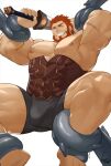  1boy abs armpits bara bare_pectorals beard biceps boxers bulge clenched_teeth facial_hair fate/zero fate_(series) feet_out_of_frame from_below gomtang grey_male_underwear holding holding_sword holding_weapon iskandar_(fate) large_pectorals leather looking_at_viewer male_focus male_underwear mature_male muscular muscular_male nipples no_pants pectorals red_eyes red_hair scar scar_on_arm short_hair solo stomach sword teeth tentacles tentacles_on_male thick_thighs thighs third-party_source underwear veins weapon 