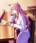  1girl 3_small_spiders absurdres animal_ear_fluff animal_ears breasts eyebrows_visible_through_hair food girls&#039;_frontline grey_shirt hand_on_head hand_on_table highres long_hair looking_at_viewer open_clothes open_mouth open_robe persica_(girls&#039;_frontline) pink_hair purple_eyes robe shirt sitting solo table white_robe 