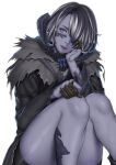  1girl au_ra avatar_(ffxiv) bare_legs black_hair black_horns bow bowtie coat collar colored_skin detached_collar dragon_horns final_fantasy final_fantasy_xiv frilled_collar frills grey_hair hand_on_own_cheek hand_on_own_face hand_rest hand_up head_tilt highres horns knees_up light_smile lips long_sleeves looking_at_viewer medium_hair multicolored_hair parted_lips purple_skin red_eyes scales shiny shiny_skin shorts simple_background sitting solo udongo99 white_background 