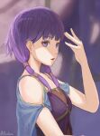  1girl bangs eyebrows_visible_through_hair fire_emblem fire_emblem:_the_sacred_stones hair_over_shoulder highres long_hair low_twintails lute_(fire_emblem) open_mouth purple_eyes purple_hair purple_shirt samohichi shirt sleeveless sleeveless_shirt solo twintails twitter_username upper_body 