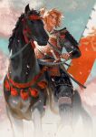  1boy armor blue_sky commentary_request dust_cloud falling_petals feet_out_of_frame flag highres horse horseback_riding japanese_armor katana male_focus mcmeao orange_hair original outdoors parted_lips petals riding samurai shoulder_armor sky solo sword thick_eyebrows topknot vambraces weapon 