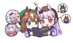  2girls anger_vein animal_ears backpack bag black_hair blush_stickers bow brown_hair chinese_commentary ear_bow ear_ornament eyebrows_visible_through_hair genderswap genderswap_(mtf) gold_ship_(umamusume) green_headwear hat headgear horse_ears horse_girl just_a_way_(racehorse) kin&#039;iro_ryotei_(umamusume) light_purple_hair mask mixed-language_commentary mouth_mask multicolored_hair multiple_girls neckerchief orfevre_(umamusume) personification photo_album pillbox_hat purple_bow randoseru red_eyes school_uniform serafuku thought_bubble two-tone_hair umamusume white_hair white_mask wufaxianshi_cnd younger 