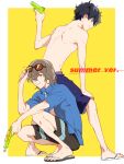  2boys akechi_gorou alternate_costume amamiya_ren bangs black_hair blue_shirt brown_eyes brown_hair closed_mouth commentary_request eyewear_on_head flip-flops holding male_focus male_swimwear multiple_boys open_clothes open_shirt persona persona_5 sandals sawa2 shirt simple_background squatting sunglasses swim_trunks topless_male two-tone_background water_gun 