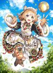  1girl :d animal_ear_fluff animal_ears apron ball bangs black_dress black_eyes black_footwear blue_sky blush brown_hair chain_chronicle chirolulu_(chain_chronicle) cloud commentary_request day dress eyebrows_visible_through_hair flower full_body fur-trimmed_sleeves fur_trim highres jumping long_hair long_sleeves maid_headdress nardack open_mouth outdoors plant pleated_dress shoes sky smile solo white_apron white_flower wide_sleeves 