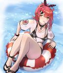 1girl 3_small_spiders absurdres bangs bare_legs bikini black_bikini black_choker black_swimsuit blush bracelet breasts candy choker closed_mouth collar commentary_request dog_tags eyebrows_visible_through_hair food girls&#039;_frontline hair_ornament hair_ribbon highres jewelry legs lifebuoy lollipop long_hair looking_at_viewer lying mp7_(girls&#039;_frontline) necklace orange_eyes red_hair ribbon sandals sitting small_breasts solo swimsuit thighs water 