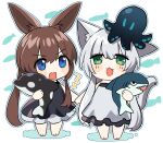  2girls amiya_(arknights) animal_ears arknights bangs black_dress blue_eyes blush brown_hair cat_ears cat_girl cat_tail chibi dress eyebrows_visible_through_hair fang fang_out green_eyes holding_hands long_hair multiple_girls open_mouth ponytail rabbit_ears rabbit_girl rosmontis_(arknights) silver_hair stuffed_animal stuffed_octopus stuffed_orca stuffed_shark stuffed_toy tail tareme white_dress xroxxro 