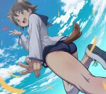  1girl absurdres animal_ears ass bangs bare_legs blue_sky blush brown_eyes brown_hair cloud commentary_request day from_below heart highres jabittoson leg_up long_sleeves looking_at_viewer looking_back miyafuji_yoshika open_mouth outdoors school_swimsuit school_uniform short_hair sky smile solo standing standing_on_one_leg strike_witches swimsuit swimsuit_under_clothes tail uniform v world_witches_series 