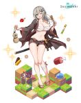  1girl ;d absurdres bandaged_leg bandages bare_shoulders breasts brown_shorts budget_sarashi cleavage collarbone food full_body green_eyes grey_hair hair_between_eyes hair_ornament hairclip highres holding japanese_clothes large_breasts lee_nabi long_hair long_sleeves looking_at_viewer maett midriff navel off_shoulder official_art one_eye_closed open_clothes open_fly open_mouth potion sarashi short_shorts shorts smile solo soul_worker stomach takoyaki thighs wide_sleeves zouri 