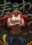  1boy abs bare_pectorals black_hair c_home cross_scar crossed_arms denim grin hat highres jeans large_pectorals looking_at_viewer male_focus monkey_d._luffy navel nipples one_piece pants pectorals red_shirt scar scar_on_chest shirt shirt_on_shoulders short_hair smile solo stomach straw_hat toned toned_male 