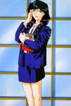  1990s_(style) 1girl adjusting_eyewear black_eyes black_hair blue_skirt book braid feet_out_of_frame hair_over_shoulder holding holding_book jacket kinomiya_yukari long_hair looking_at_viewer office_lady official_art open_clothes open_jacket open_mouth retro_artstyle rimless_eyewear scan skirt solo standing super_real_mahjong tanaka_ryou twin_braids window 