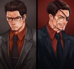  2boys alternate_costume aomi_nekosuki black_jacket black_necktie expressionless eyepatch facial_hair formal glasses goatee grey_jacket hair_slicked_back jacket kiryuu_kazuma majima_gorou male_focus manly mature_male monocle multiple_boys necktie red_shirt ryuu_ga_gotoku shirt short_hair sideburns smile split_screen trait_connection upper_body yakuza 