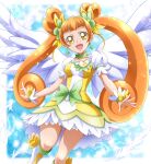  1girl :d bangs blunt_bangs boots bow breasts brown_hair choker clover_earrings collarbone cure_rosetta dokidoki!_precure dress floating_hair green_choker hanzou highres layered_dress long_hair looking_at_viewer precure shiny shiny_hair short_dress short_sleeves small_breasts smile solo twintails very_long_hair white_dress white_footwear white_wings wings wrist_cuffs yellow_bow yellow_dress yellow_eyes yotsuba_alice 