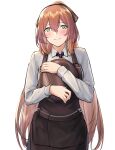  1girl 3_small_spiders absurdres apron blush brown_apron brown_ribbon closed_mouth commentary_request eyebrows_visible_through_hair feet_out_of_frame girls&#039;_frontline green_eyes hair_ribbon highres holding holding_tray long_hair looking_at_viewer neck_ribbon orange_hair ribbon shirt smile solo springfield_(girls&#039;_frontline) standing tray upper_body white_background white_shirt 