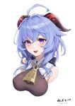  1girl absurdres ahoge artist_name bangs bare_shoulders bell blue_hair breasts chamuhz curled_horns dated ganyu_(genshin_impact) genshin_impact gold_trim highres horns large_breasts looking_at_viewer neck_bell purple_eyes sidelocks smile white_background 
