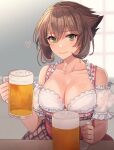  1girl alcohol alternate_costume beer beer_mug blouse breasts brown_hair cleavage commentary cup dirndl frilled_blouse german_clothes green_eyes highres kantai_collection kasumi_(skchkko) large_breasts looking_at_viewer mug mutsu_(kancolle) plaid plaid_skirt short_hair skirt solo upper_body waitress white_blouse 
