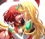  2girls :d bangs black_gloves blonde_hair bob_cut closed_eyes closed_mouth commission earrings elbow_gloves fingerless_gloves gauntlets gloves highres hug jewelry long_hair multiple_girls mythra_(xenoblade) nithros open_mouth pants pyra_(xenoblade) red_hair shirt short_hair sleeveless sleeveless_shirt smile split_mouth tiara vest white_background white_gloves xenoblade_chronicles_(series) xenoblade_chronicles_2 yuri 