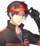  1boy berry_o_t black_gloves black_hair black_jacket gloves hand_up jacket male_focus mole mole_under_eye multicolored_clothes multicolored_jacket oki_kouji parted_lips red_headwear red_jacket short_hair simple_background smile solo two-tone_jacket upper_body visor_cap white_background world_trigger 