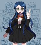  1girl :d apple_print bangs blue_hair blush book breasts broken_eyewear collared_shirt commentary_request computer cowboy_shot danganronpa_(series) danganronpa_v3:_killing_harmony dress_shirt flower furukawa_(yomawari) glasses hand_up highres holding holding_book index_finger_raised jacket laptop large_breasts long_hair long_sleeves looking_at_viewer multiple_views neck_ribbon open_book open_mouth outline pleated_skirt red_ribbon ribbon school_uniform shirogane_tsumugi shirt skirt smile teeth upper_teeth white_outline white_shirt 