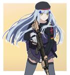  1girl 3_small_spiders absurdres ammunition_belt assault_rifle bangs beret black_headwear black_legwear blue_hair closed_mouth commentary_request crossed_bangs eyebrows_visible_through_hair feet_out_of_frame german_flag girls&#039;_frontline gloves green_eyes gun h&amp;k_hk416 hat highres hk416_(girls&#039;_frontline) holding holding_gun holding_weapon long_hair looking_away rifle simple_background solo standing tactical_clothes teardrop_facial_mark teardrop_tattoo thighhighs uniform weapon white_gloves 