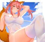  1girl animal_ear_fluff animal_ears arind_yudha bangs breasts censored fate/extra fate_(series) fox_ears fox_girl fox_tail hair_between_eyes heart heart_censor highleg highleg_swimsuit large_breasts long_hair looking_at_viewer one-piece_swimsuit one_breast_out pink_hair sidelocks swimsuit tail tamamo_(fate) tamamo_no_mae_(fate/extra) twintails white_swimsuit yellow_eyes 