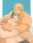  2boys arm_tattoo bandaid bandaid_on_cheek bara black_male_underwear blonde_hair blush briefs bulge couple dark-skinned_male dark_skin doga_(f-kare) facial_hair goatee hand_on_another&#039;s_shoulder head_on_head head_rest highres hug jewelry leopard_(f-kare) long_sideburns lying_on_person male_focus male_underwear mature_male mint multiple_boys muscular muscular_male navel navel_hair on_person pectoral_pillow pectorals pole2walker2 ring short_hair shoukan_yuusha_to_f-kei_kareshi sideburns smile stubble tattoo thick_eyebrows topless_male underwear underwear_only yaoi 