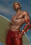  1boy abs bara beard c_home cassidy_(overwatch) chest_hair cigarette dark-skinned_male dark_skin english_commentary facial_hair feet_out_of_frame highres holding holding_surfboard large_pectorals lifeguard_cassidy looking_at_viewer male_focus male_swimwear mature_male muscular muscular_male navel navel_hair nipples official_alternate_costume overwatch pectorals prosthesis prosthetic_arm realistic red_male_swimwear short_hair sideburns solo stomach surfboard swim_trunks thighs topless_male wet wet_hair wrinkled_fabric 