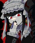  1girl bangs black_hair black_nails bonnet bow celestia_ludenberg claw_ring closed_mouth commentary_request covering_mouth danganronpa:_trigger_happy_havoc danganronpa_(series) drill_hair earrings fingernails frills furukawa_(yomawari) gothic_lolita hand_over_own_mouth highres jacket jewelry lolita_fashion long_hair long_sleeves looking_at_viewer nail_polish necktie red_eyes red_necktie simple_background smile solo twin_drills twintails upper_body 