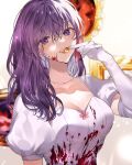  1girl bangs blood blood_on_clothes blurry blurry_background breasts cleavage collarbone dress elbow_gloves fang fate/stay_night fate_(series) gloves grey_gloves hair_ribbon highres holding large_breasts long_hair long_sleeves matou_sakura pink_ribbon puffy_short_sleeves puffy_sleeves purple_hair ribbon shimatori_(sanyyyy) short_sleeves solo teeth upper_body upper_teeth white_dress 