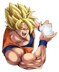  1boy bara biceps blonde_hair blue_eyes dougi dragon_ball dragon_ball_z energy_ball highres incoming_attack kamehameha looking_at_viewer male_focus miru_(mill_36) muscular muscular_male open_mouth saiyan short_hair solo son_goku spiked_hair super_saiyan super_saiyan_1 twitter_username upper_body white_background wristband 