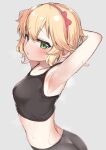  1girl armpits arms_behind_head arms_up blonde_hair blush breasts commentary_request deko_isu green_eyes hairband hands_up highres idolmaster idolmaster_cinderella_girls looking_at_viewer pink_hairband presenting_armpit sakurai_momoka short_hair small_breasts solo stretch sweat wavy_hair 