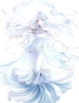  1girl bangs closed_mouth detached_sleeves dress fire_emblem fire_emblem:_the_blazing_blade floating_hair full_body kuzumosu layered_dress long_dress long_hair long_sleeves ninian_(fire_emblem) red_eyes sash silver_hair sleeveless sleeveless_dress solo standing very_long_hair white_background white_dress white_sleeves 